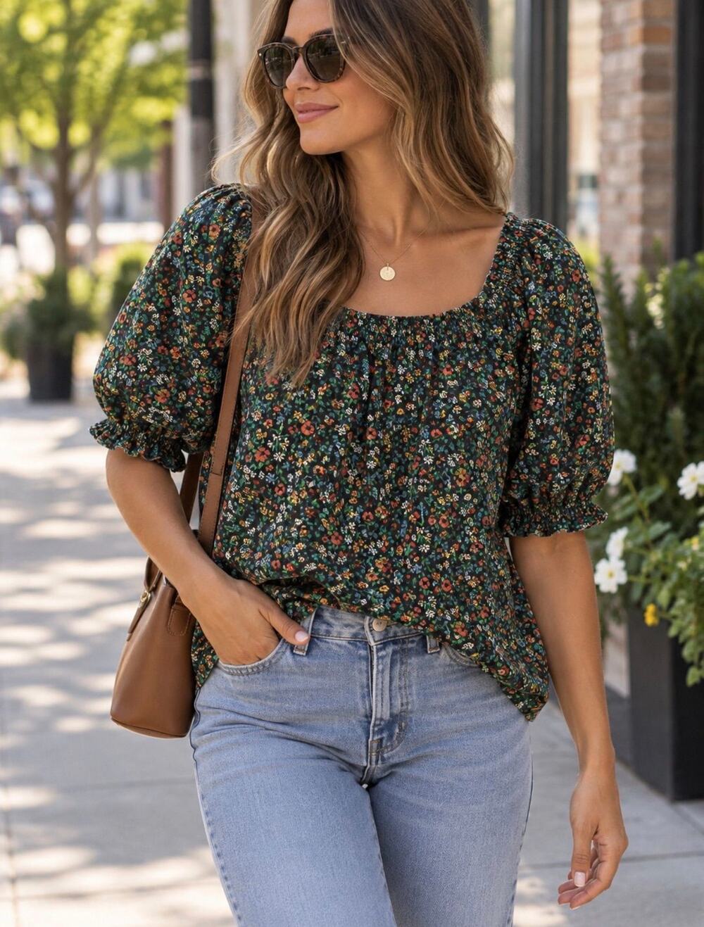 THE GREAT. Dark Green Floral Puff Sleeve Blouse